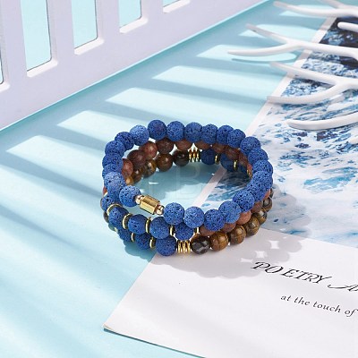 3Pcs 3 Style Natural & Synthetic Mixed Stone Stretch Bracelets Set with Wood Beaded for Women BJEW-JB08356-1