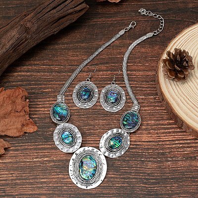 Oval Alloy & Paua Shell Pendant Necklace & Dangle Earring Sets FS-WG1A0FD-01-1
