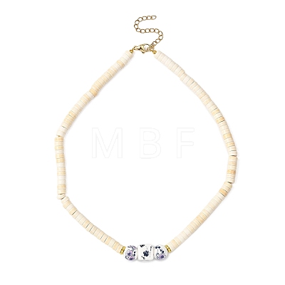 Handmade Printed Porcelain Round Cube & Dyed Synthetic Turquoise Beaded Necklaces NJEW-JN05644-1