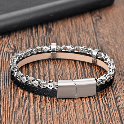 Black Braided mitation Leather & 316L Stainless Steel 2-Strand Bracelets with Magnetic Clasps for Men WGA2BB7-02-1