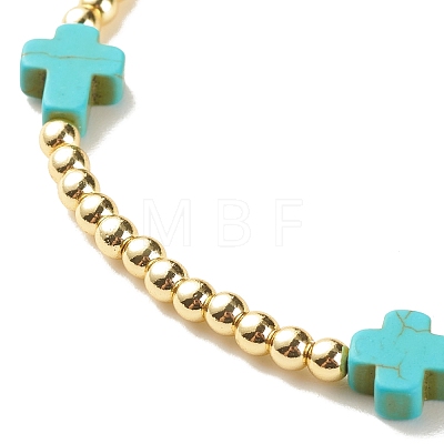 Synthetic Hematite Round Beaded Stretch Bracelet with Synthetic Turquoise(Dyed) Cross BJEW-JB07974-01-1