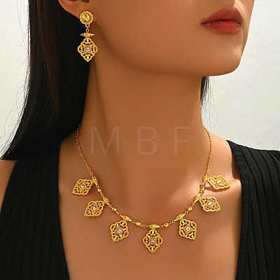 Vintage Ethnic Style Alloy Zircon Hollow Floral Filigree Charm Necklace & Stud Earring Sets for Women JI8843-1