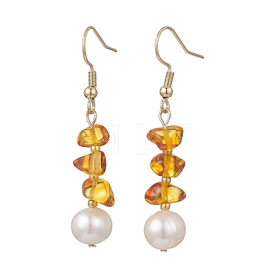 Natural Cultured Freshwater Pearl & Natural Amber Dangle Earrings EJEW-JE06961-1