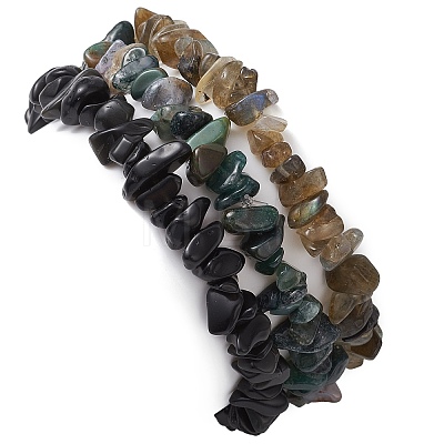 3Pcs 3 Styles Natural Labradorite & Obsidian & Moss Agate  Chips Stretch Bracelets Sets BJEW-JB11076-12-1