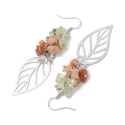 Leaf 201 Stainless Steel Natural Quartz Crystal & Natural Prehnite & Natural Carnelian & Natural Sunstone Chip Dangle Earrings EJEW-JE06138-03-1