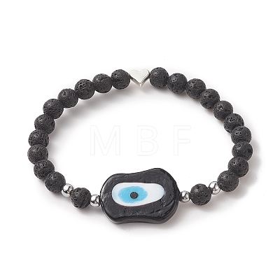 Natural Lava Rock & Lampwork Evil Eye Beaded Stretch Bracelet for Women BJEW-JB09258-1