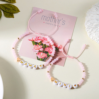 2Pcs Mother's Day Resin & Glass Mama & Mini Beaded Braided Bead Bracelet Set WGEEE28-01-1