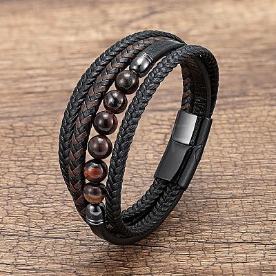 Natural Tiger Eye Round Beads & Braided Imitation Leather Cord Bracelets for Men FS-WGCE7B3-20-1