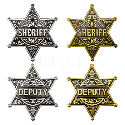 4Pcs 4 Styles Vintage SHERIFF DEPUTY Alloy Star Brooches JEWB-FG0001-80-1