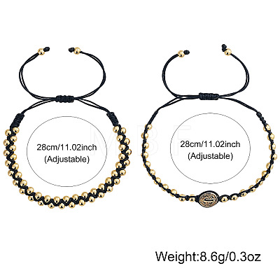 2Pcs 2 Styles Brass Round Beads Braided Bead Bracelets DX6223-3-1