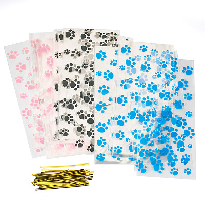 60Pcs 3 Colors Rectangle OPP Cellophane Paw Print Printed Candy Storage Bags ABAG-TA0001-74-1