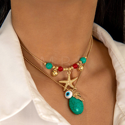 Alloy Starfish Coconut Tree & Oval Resin Pendant Double Layer Necklaces FS-WGC9AA5-02-1