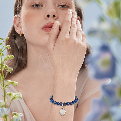 Olycraft Natural Lapis Lazuli Round Beaded Stretch Bracelet with Alloy Heart Charm BJEW-OC0001-09D-1