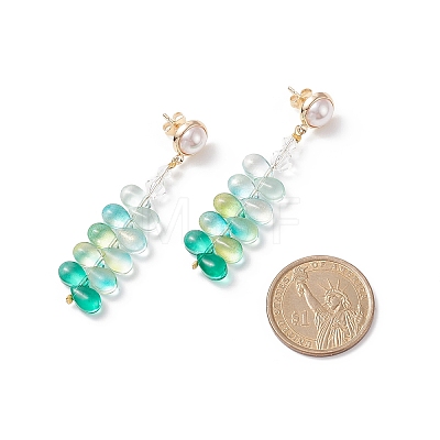 Glass Beaded Leaf Long Dangle Stud Earrings with Imitation Pearl EJEW-TA00140-1
