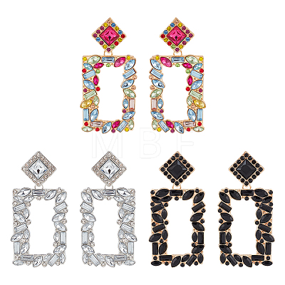 3 Pairs 3 Colors Rhinestone Hollow Out Rectangle Dangle Stud Earrings EJEW-FI0001-12-1