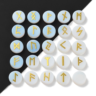 Brass Elder Futhark Alphabet Engraved Symbol Flat Round Opalite Rune Stones G-I373-01O-1