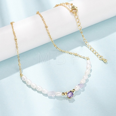 Natural Lavender Amethyst Chip and Rice Natural Pearl Beaded Necklaces GG-CBA3297-15G-F-1
