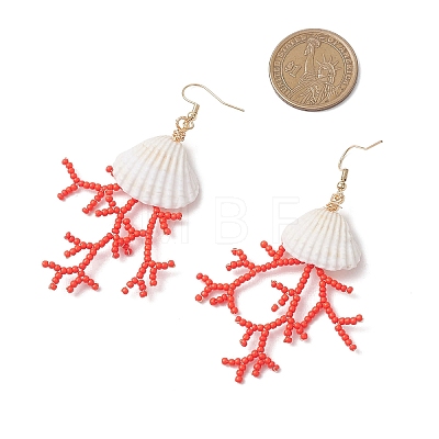 Shell Shape Glass Seed Beaded & Clam Shell Dangle Earrings EJEW-MZ00661-01-1