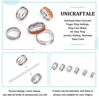 Unicraftale 30Pcs 6 Size 304 Stainless Steel Grooved Finger Ring Settings RJEW-UN0002-82P-1