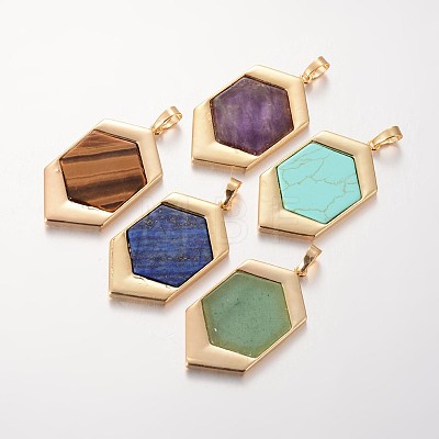 Hexagon Golden Tone Brass Gemstones Pendants G-O130-01-1