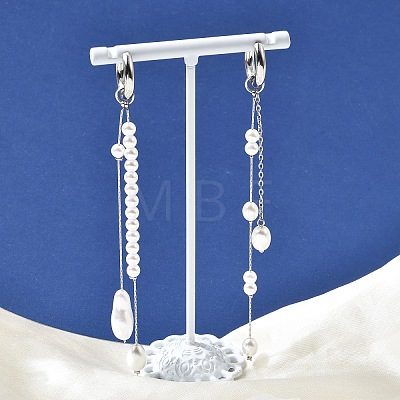 304 Stainless Steel & Glass Pearl Tassel Hoop Earrings for Women EJEW-G463-01P-1