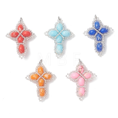 Dyed Synthetic Imperial Jasper with Glass Seed Beaded Pendants PALLOY-MZ01119-1