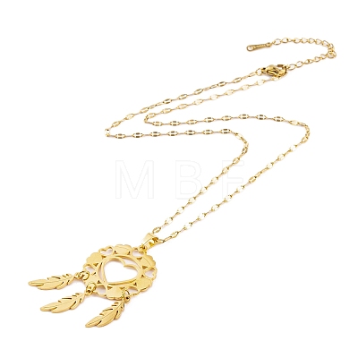 Woven Net/Web with Feather 304 Stainless Steel Pendant Necklaces for Women NJEW-G087-01G-1