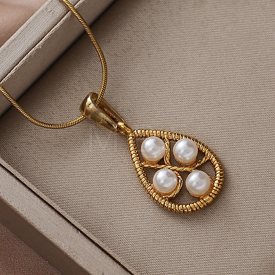 304 Stainless Steel with Imitation Pearl Teardrop Pendant Necklaces for Women BY5835-1