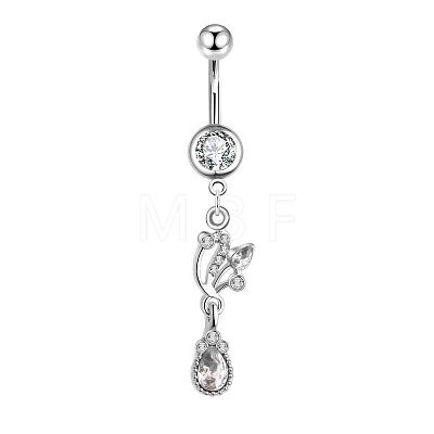 304 Stainless Steel Cubic Zirconia Teardrop Dangle Belly Rings WG60E11-01-1