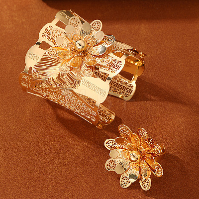 Flower Zinc Alloy Cuff Bangles & Rings Sets for Women WG9AF22-02-1