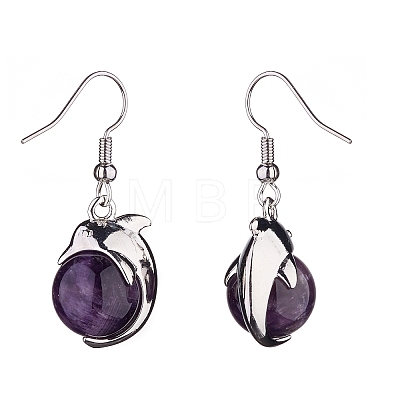 Natural Amethyst Dolphin Dangle Earrings with Crystal Rhinestone EJEW-A092-20P-16-1