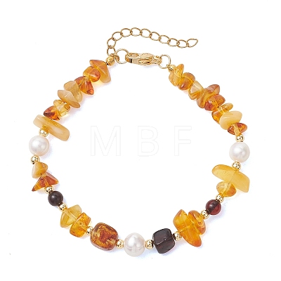 Natural Amber & Cultured Freshwater Pearl & Brass Beaded Bracelets for Women BJEW-JB13660-1