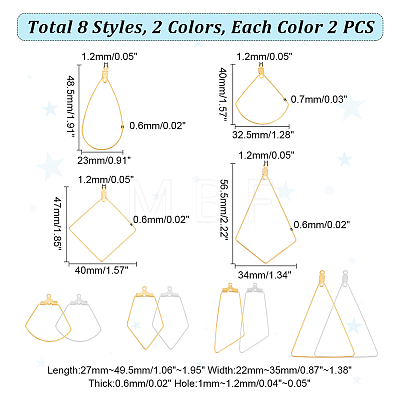 Unicraftale 32Pcs 16 Style Teardrop & Fan & Kite & Rhombus & Triangle 304 Stainless Steel Wire Pendants STAS-UN0045-53-1