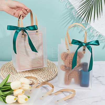 Transparent Frosted PVC Plastic Gift Tote Bags with Green Ribbon LS-ABAG-WH0048-68C-1