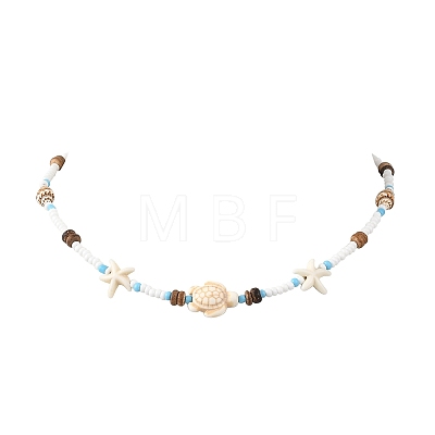 Boho Sea Turtle & Starfish Shell & Synthetic Turquoise Beaded Necklaces NJEW-JN06015-1