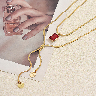 Adjustable 304 Stainless Steel Pave Cubic Zirconia Red Rectangle Pendant Double Layer Lariat Necklaces for Women TF2778-1