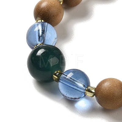 Synthetic Shoushan Stone & Sandalwood Beaded Stretch Bracelets with Glass Lotus Pod Charms BJEW-B080-06-1