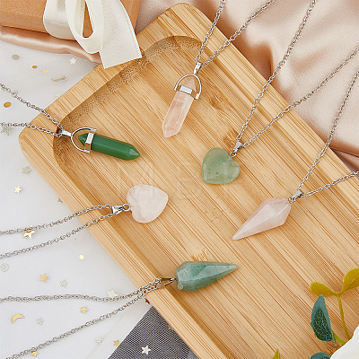 FIBLOOM 6Pcs 6 Styles Natural Rose Quartz & Green Aventurine Pendant Necklaces Set with Alloy Chains NJEW-FI0001-13-1