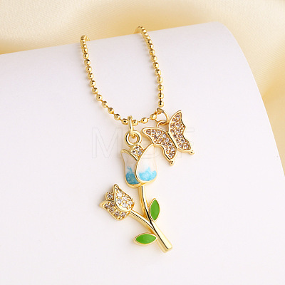 Brass Micro Pave Clear Cubic Zirconia with Enamel Butterfly Rose Flower Pendant Necklaces for Women FS-WG8C866-03-1
