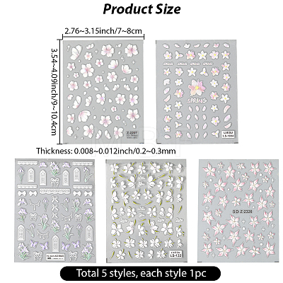 5Pcs 5 Styles Flower Pattern Self Adhesive PET Nail Art Stickers Decals MRMJ-SP0001-24-1