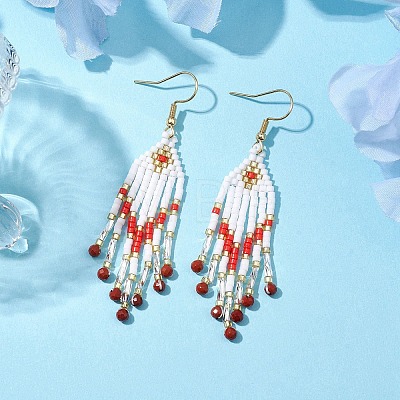 Woven Seed Beads & Natural Red Jasper Tassel Earrings EJEW-MZ00154-01-1