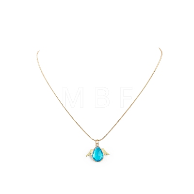 Glass Teardrop with Wing Pendant Necklace with Golden Brass Round Snake Chains for Women NJEW-JN04124-1