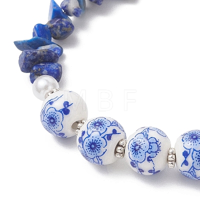 Dyed Natural Lapis Lazuli Chip & Handmade Flower Printed Porcelain Beads Bracelets for Women BJEW-JB12968-1