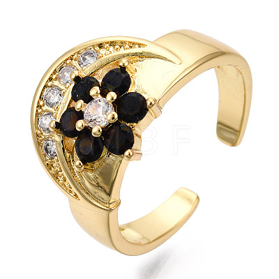 Cubic Zirconia Moon with Flower Open Cuff Ring RJEW-N037-039-1