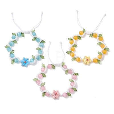 3Pcs Flower Handmade Porcelain and Cat Eye and Acrylic Beads Braided Bead Bracelets BJEW-TA00700-1