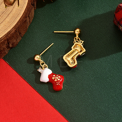Christmas Socking Brass Enamel Dangle Stud Earrings QV0416-1