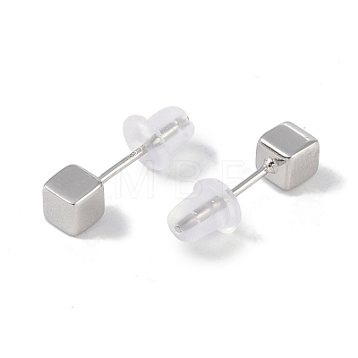 Anti-Tarnish Rhodium Plated Cube 999 Fine Silver Stud Earrings for Women EJEW-S215-09P-1