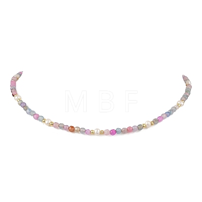 Dyed & Heated Faceted Round Natural Agate and Cultured Freshwater Pearl Beaded Necklaces for Women NJEW-JN06240-03-1