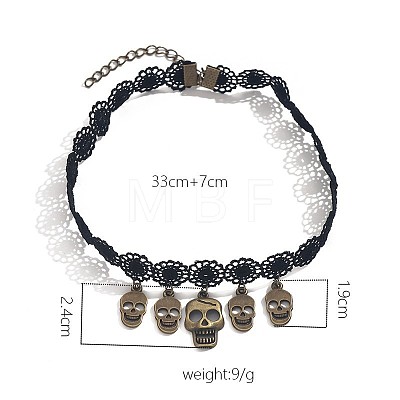Halloween Gothic Alloy Skull Tassel Black Polyester Flower Lace Choker Necklaces for Women FS-WGBADFE-01-1