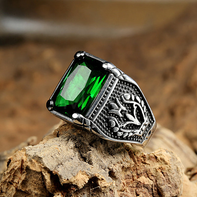 316L Stainless Steel & Cubic Zirconia Men's Vintage Carved Finger Rings FS-WG82D33-19-1